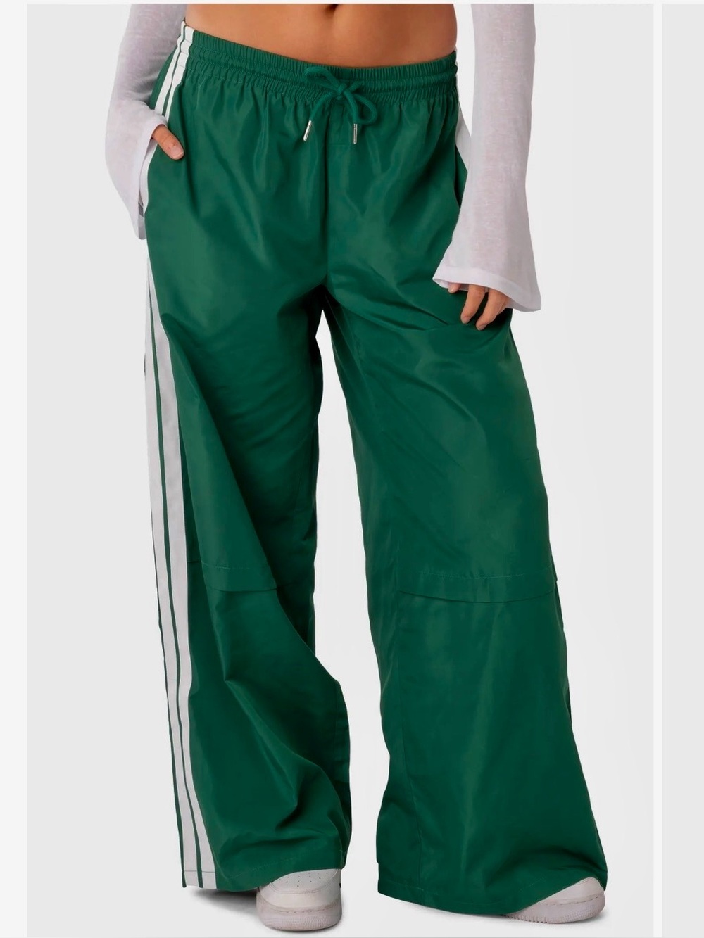 EDIKTED Wide Leg Track Pants with Side Stripes - Green Small